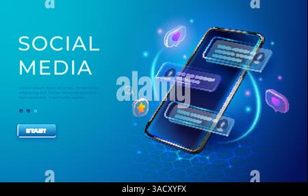 Concept de vecteur de chat et de communication 3d. Téléphone avec icônes J'aime et message. Illustration des médias sociaux de l'application smartphone Illustration de Vecteur