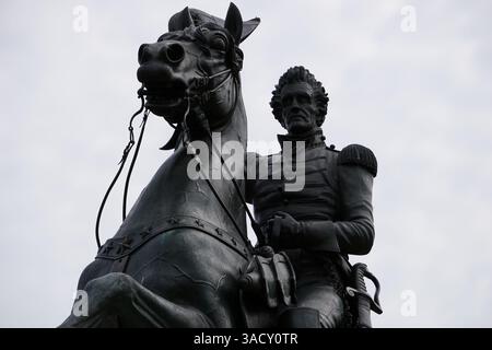 Gros plan portrait de la statue équestre du président américain historique Andrew Jackson à cheval devant la Maison Blanche, Washington DC Banque D'Images