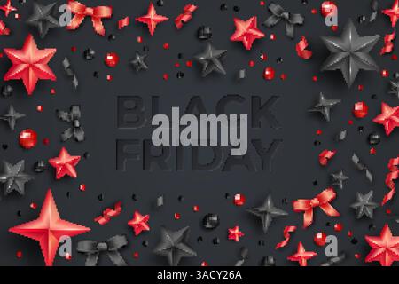 Affiche de vente Black friday avec serpentin, boules, étoiles et rubans. Modèle de vecteur de vente Black friday Illustration de Vecteur