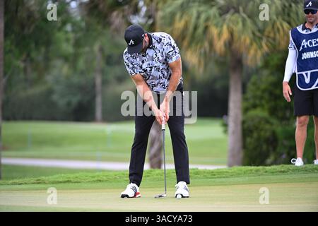 Doral, États-Unis. 04th Apr, 2025. Dustin Johnson, capitaine des putts 4Aces GC lors du jour 1 du LIV Golf Invitational 2025 - Miami au Trump National Golf course le 4 avril 2025 à Doral, Floride. (Photo de JC Ruiz/Sipa USA) crédit : Sipa USA/Alamy Live News Banque D'Images