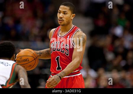 04 février 2012 Milwaukee, WI. Bradley Center..Chicago Bulls Derrick Rose #1 dribble sur le court, Rose a obtenu 26 points et 13 passes décisives contre les Bucks de Milwaukee ce soir..Chicago Bulls a gagné sur les Bucks de Milwaukee 113-90. Mike McGinnis/CSM. (Crédit image : © Mike McGinnis/Cal Sport Media/ZUMAPRESS.com) Banque D'Images