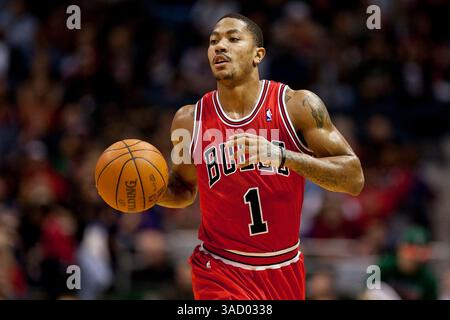 04 février 2012 Milwaukee, WI. Bradley Center..Chicago Bulls Derrick Rose #1 dribble sur le court, Rose a obtenu 26 points et 13 passes décisives contre les Bucks de Milwaukee ce soir..Chicago Bulls a gagné sur les Bucks de Milwaukee 113-90. Mike McGinnis/CSM. (Crédit image : © Mike McGinnis/Cal Sport Media/ZUMAPRESS.com) Banque D'Images