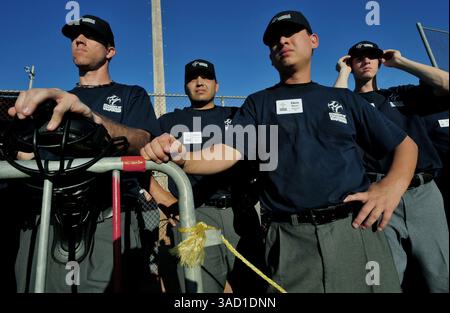 22 janvier 2008 - Kissimmee, Floride, États-Unis - les élèves se réunissent le long de la première ligne de base et attendent que les exercices de l'après-midi commencent à la Jim Evans Academy of Professional Umpiring au Osceola County Stadium and Sports Complex à Kissimmee, Floride, le mercredi 9 janvier 2008. Au cours d'un cours professionnel de 5 semaines avec instruction en classe et sur le terrain d'un personnel dirigé par l'ancien chef d'équipe de la Ligue américaine Jim Evans, les étudiants apprennent les principes fondamentaux et les points plus fins de l'arbitrage, en mettant l'accent sur la mécanique appropriée, les signaux, la communication et l'application des règles. Des 125 étudiants Banque D'Images