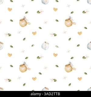 Bocaux de miel à motif aquarelle, pot, coeurs jaunes, fleurs de camomille, verdure, feuilles. Impression sans couture répétée. Arrière-plan des illustrations dessinées à la main Banque D'Images
