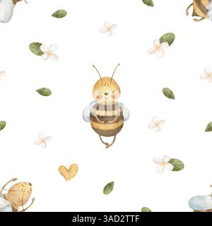 Les abeilles à miel à motif volent parmi les fleurs sauvages, les feuilles de camomille. Aquarelle illustration dessinée à la main. Impression sans couture sur fond pour textile pour enfants Banque D'Images