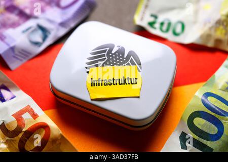 Boîte avec aigle fédéral et étiquette de prix avec inscription infrastructure, package financier, actifs spéciaux, photomontage Banque D'Images