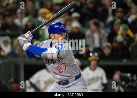 West Sacramento, CA, États-Unis. 31 mars 2025. Seiya Suzuki (27 ans), outfielder des Chicago Cubs, battes lors d'un match contre les Athletics au Sutter Health Park, le mercredi 31 mars 2025, à West Sacramento. (Crédit image : © Paul Kitagaki Jr./ZUMA Press Wire) USAGE ÉDITORIAL SEULEMENT ! Non destiné à UN USAGE commercial ! Banque D'Images