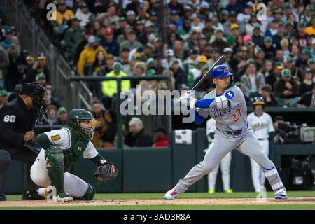 West Sacramento, CA, États-Unis. 31 mars 2025. Seiya Suzuki (27 ans), outfielder des Chicago Cubs, battes lors d'un match contre les Athletics au Sutter Health Park, le mercredi 31 mars 2025, à West Sacramento. (Crédit image : © Paul Kitagaki Jr./ZUMA Press Wire) USAGE ÉDITORIAL SEULEMENT ! Non destiné à UN USAGE commercial ! Banque D'Images