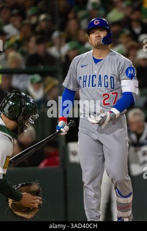 West Sacramento, CA, États-Unis. 31 mars 2025. Seiya Suzuki (27 ans), outfielder des Chicago Cubs, battes lors d'un match contre les Athletics au Sutter Health Park, le mercredi 31 mars 2025, à West Sacramento. (Crédit image : © Paul Kitagaki Jr./ZUMA Press Wire) USAGE ÉDITORIAL SEULEMENT ! Non destiné à UN USAGE commercial ! Banque D'Images