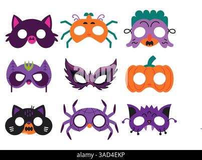 Ensemble de dessins animés vectoriels de masques d'Halloween, isolé sur un fond blanc. Des designs amusants et festifs parfaits pour les projets et les célébrations sur le thème d'Halloween. ID Illustration de Vecteur