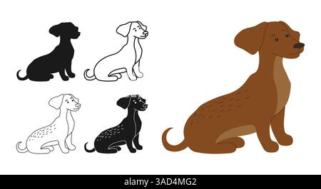 Symbole de teckel de chien ou ensemble de dessin animé d'illustration de silhouette. Chien brun mignon amical assis sur l'icône de doodle linéaire. Simple drôle signe stylisé adorable animal domestique de compagnie. Vecteur isolé comique enfantin Illustration de Vecteur
