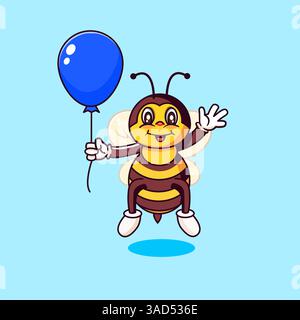Mignon Happy Bee avec illustration de ballon, vecteur de dessin animé Illustration de Vecteur