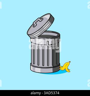 Poubelle avec couvercle ouvert et illustration vectorielle Peel de banane dessin animé Illustration de Vecteur