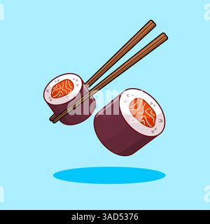 Baguettes contenant du saumon roulé à sushi, dessin animé dédaignant la nourriture japonaise Illustration de Vecteur