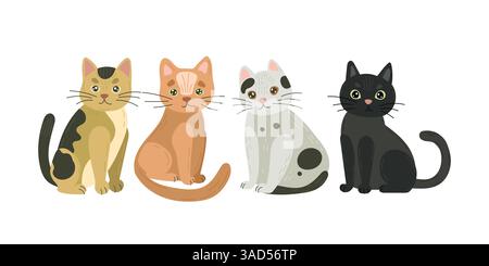 Ensemble de quatre chats assis en noir, orange, marron et blanc, idéal pour les illustrations sur le thème des animaux, les affiches pour animaux de compagnie et la décoration murale confortable pour enfants Illustration de Vecteur