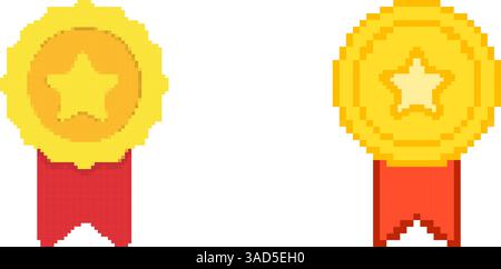 Jeu d'icônes pixelisées Retro Medal et Award. Pixel Art Symbol Collection de médailles d'or et d'étoiles dans Pixel Design. Illustration vectorielle isolée Illustration de Vecteur