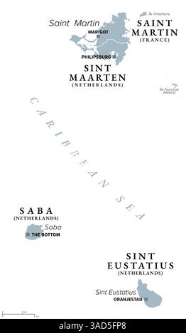 Saint Martin, Saint Eustache et Saba, carte politique grise. Îles SSS, également îles Windward, un groupe d'îles situées dans les îles Leeward. Banque D'Images