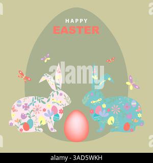 Bannière de lapin de Pâques, design plat dessiné à la main joyeuses fleurs de Pâques, œufs et papillons, dans un style de couleurs pastel. Illustration vectorielle sur vintage Illustration de Vecteur