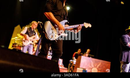 Guitariste jouant passionnément de la guitare électrique lors d'un concert de rock live électrisant sur scène, entouré d'un groupe dynamique et d'une foule enthousiaste Banque D'Images