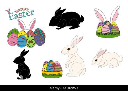 Une collection d'illustrations sur le thème de Pâques mettant en vedette des lapins blancs, décoré décoré d'œufs de Pâques peints, silhouettes de lapins noirs, et - joyeuses Pâques Illustration de Vecteur