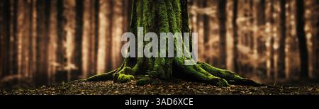 Base d'arbre avec de la mousse sur un grand tronc et des racines se détachant dans une forêt sur un fond flou panoramique avec la couleur chaude de l'automne Banque D'Images
