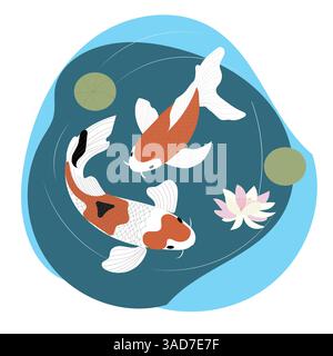 Poissons koï isolés dans l'étang, illustration traditionnelle japonaise, vecteur plat Illustration de Vecteur