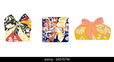 Ensemble d'emballage Furoshiki, traditionnel japonais, vecteur plat isolé, tissu d'emballage Illustration de Vecteur
