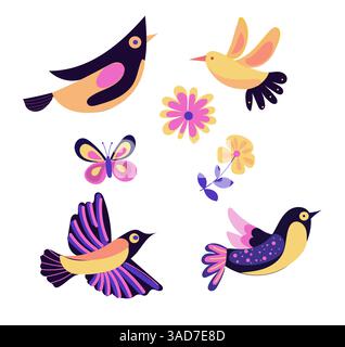Ensemble d'oiseaux volants groovy, style y2k, papillon, fleur, style vectoriel plat rétro moderne Illustration de Vecteur