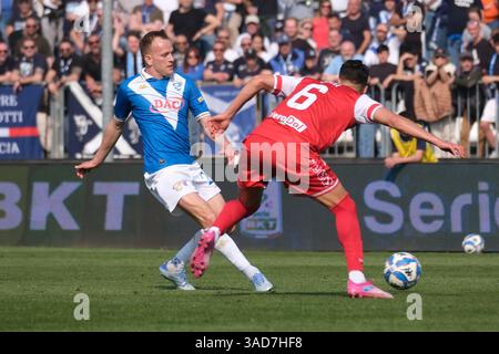 Brescia, Italie. 05th Apr, 2025. Lorenzo Dickman du Brescia Calcio FC lors du match de championnat italien de football Serie B entre le Brescia Calcio FC et le Mantova 1911 au stade Mario Rigamonti le 5 avril 2025, Brixia, Italie. Crédit : Agence photo indépendante/Alamy Live News Banque D'Images
