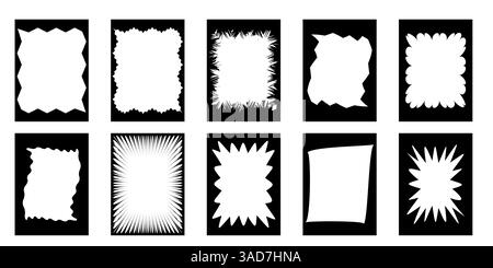 Ensemble de formes isolées vierges , zigzag plat. Jeu de cadres Squiggle Stories. Bords dentelés, cadres rétro festonnés, psychédélique, cadres photo, formes groovy Illustration de Vecteur