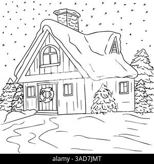 Coloriage avec paysage d'hiver, neige. Maison près des arbres Illustration de Vecteur