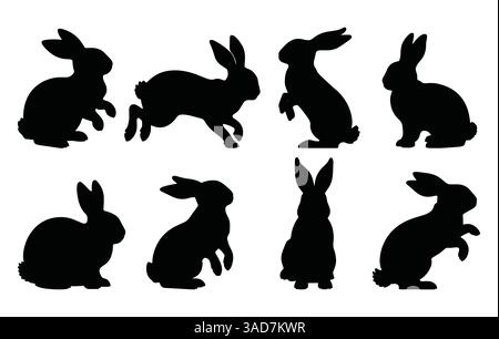 Ensemble de silhouettes de lapin dans diverses poses. Silhouettes noires de lapin de Pâques dessinées à la main isolées sur un fond blanc. Éléments décoratifs parfaits pour Illustration de Vecteur