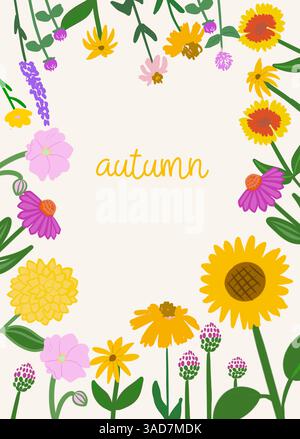Carte d'automne avec fleurs d'automne, tournesol isolé, affiche de fleur Illustration de Vecteur