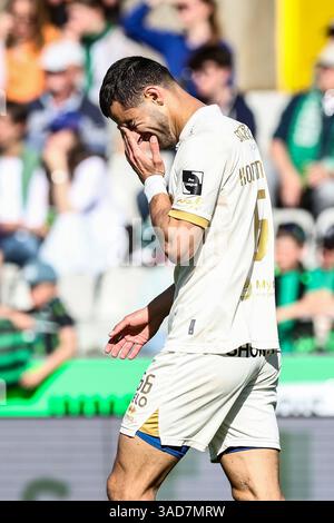 Bruges, Belgique. 05th Apr, 2025. Apostolos Konstantopoulos de Beerschot réagit lors d'un match de football entre cercle Brugge et Beerschot va, samedi 05 avril 2025 à Bruges, le jour 2 (sur 6) des Play-offs de relégation de la première division 'Jupiler Pro League' 2024-2025 du championnat belge. BELGA PHOTO BRUNO FAHY crédit : Belga News Agency/Alamy Live News Banque D'Images