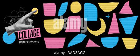 Collage dessiné à la main de papier déchiré et d'autocollants colorés. Éléments d'esquisse abstraits avec des étoiles, des griffonnages au crayon, de la peinture et des formes de dessins animés mignons. Web Illustration de Vecteur