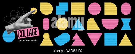Collage de papier ligné avec des formes de dessin animé découpées à la main et des découpes géométriques rondes. Autocollants de cadre rétro avec bulles de discours, griffonnages et été vintage Illustration de Vecteur