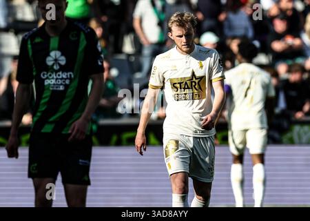Bruges, Belgique. 05th Apr, 2025. Ewan Henderson de Beerschot semble abattu lors d'un match de football entre le cercle Brugge et Beerschot va, samedi 05 avril 2025 à Bruges, le jour 2 (sur 6) des Play-offs de relégation de la première division 'Jupiler Pro League' 2024-2025 du championnat belge. BELGA PHOTO BRUNO FAHY crédit : Belga News Agency/Alamy Live News Banque D'Images