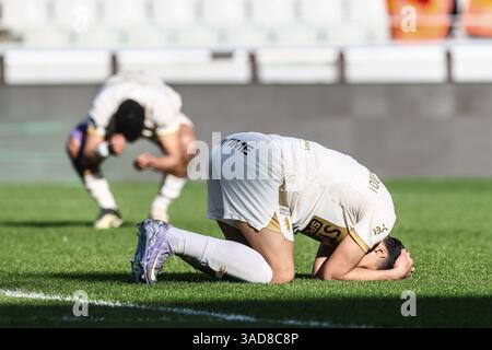 Bruges, Belgique. 05th Apr, 2025. Faisal Al-Ghamdi de Beerschot réagit lors d'un match de football entre le cercle Brugge et le Beerschot va, samedi 05 avril 2025 à Bruges, le jour 2 (sur 6) des Play-offs de relégation de la première division 'Jupiler Pro League' 2024-2025 du championnat belge. BELGA PHOTO BRUNO FAHY crédit : Belga News Agency/Alamy Live News Banque D'Images