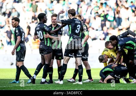 Bruges, Belgique. 05th Apr, 2025. Les joueurs de cercle célèbrent après avoir remporté un match de football entre cercle Brugge et Beerschot va, samedi 05 avril 2025 à Bruges, le jour 2 (sur 6) des Play-offs de relégation de la première division 'Jupiler Pro League' 2024-2025 du championnat belge. BELGA PHOTO BRUNO FAHY crédit : Belga News Agency/Alamy Live News Banque D'Images