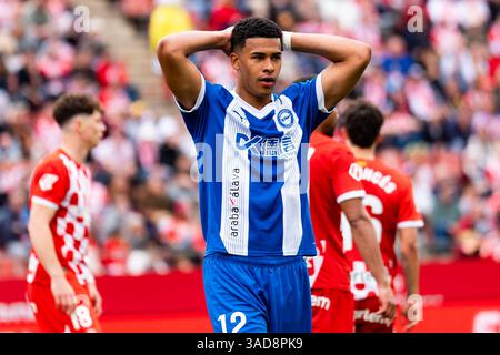 Gérone, Espagne. 5 avril 2025. Carlos Martin (Deportivo Alaves) réagit lors du match de la Liga entre Girona FC et Deportivo Alaves, au stade Montilivi le 5 avril 2025 à Gérone, Espagne. Foto : Siu Wu crédit : dpa/Alamy Live News Banque D'Images