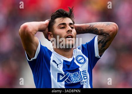 Gérone, Espagne. 5 avril 2025. Carlos Martin (Deportivo Alaves) réagit lors du match de la Liga entre Girona FC et Deportivo Alaves, au stade Montilivi le 5 avril 2025 à Gérone, Espagne. Foto : Siu Wu crédit : dpa/Alamy Live News Banque D'Images