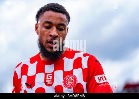 Gérone, Espagne. 5 avril 2025. Danjuma (Girona FC) réagit lors du match de football de la Liga entre Girona FC et Deportivo Alaves, au stade Montilivi le 5 avril 2025 à Gérone, Espagne. Foto : Siu Wu crédit : dpa/Alamy Live News Banque D'Images