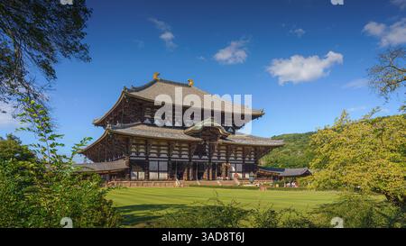 Nara, Japon - septembre 26 2024, vue panoramique du temple Todaiji avec pelouse et arbres au premier plan, en journée avec ciel bleu clair, Nara, Japon Banque D'Images