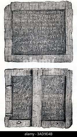 Cette image des années 1880 montre les tablettes de cire du banquier Lucius Caecilius Lucundus qui ont été découvertes dans sa maison. Ils fournissent des informations précieuses sur l'économie de Pompéi, y compris les recettes pour les ventes aux enchères, les prêts d'argent et les loyers civiques - un aperçu des transactions financières quotidiennes de l'époque. Pompéi était une ville romaine florissante près de Naples, en Italie, détruite et préservée par l'éruption du Vésuve en 79. Banque D'Images