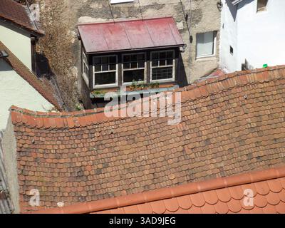 Vue aérienne d'un toit avec tuiles en terre cuite, mettant en valeur un design incliné. En arrière-plan, une petite structure en bois avec de grandes fenêtres et un R rouge Banque D'Images