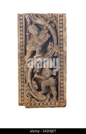 Fragment d'un jambage de porte finement sculpté. 13e siècle, Bhubaneshwar. Banque D'Images