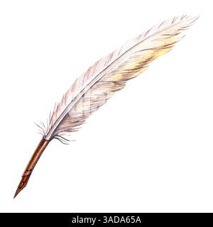 Stylo à trempette vintage. Illustration élégante à l'aquarelle dessinée à la main du stylo à plume avec détail en bronze. Parfait pour la calligraphie, l'écriture de thèmes, les conceptions antiques Banque D'Images