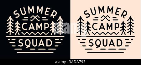 Camp d'été Squad Crew lettrage campeur badge camping emblème Forest Lake rétro vintage texte esthétique assorti à Friends Scout School trip design. Illustration de Vecteur