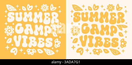 Camp d'été vibes groovy lettrage campeur badge camping floral jaune hippie rétro vintage mignon texte esthétique scout filles design de chemise de voyage d'été. Illustration de Vecteur