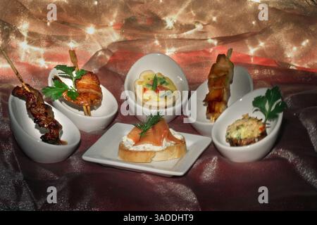 21 décembre 2011 - Detroit, mi, États-Unis - de gauche à droite, bifteck mariné de flanc Pasilla, crevettes enveloppées de bacon, mini quiche au jambon et fromage, poulet yakitori, chapeaux de champignons farcis au crabe, et au centre, crostini au fromage aux herbes avec saumon fumé peuvent tous aider à rendre un rassemblement d'hiver savoureux. (Crédit image : © Jessica J. Trevino/Detroit Free Press/MCT/ZUMAPRESS.com) Banque D'Images